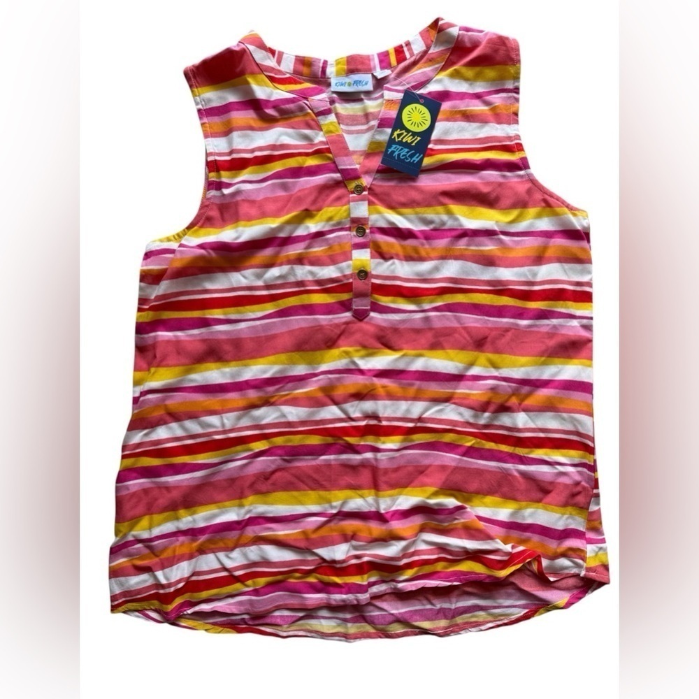 Women’s Kiwi & Fresh Tank Top pink colorful stripes sleeveless summer Rayon PL